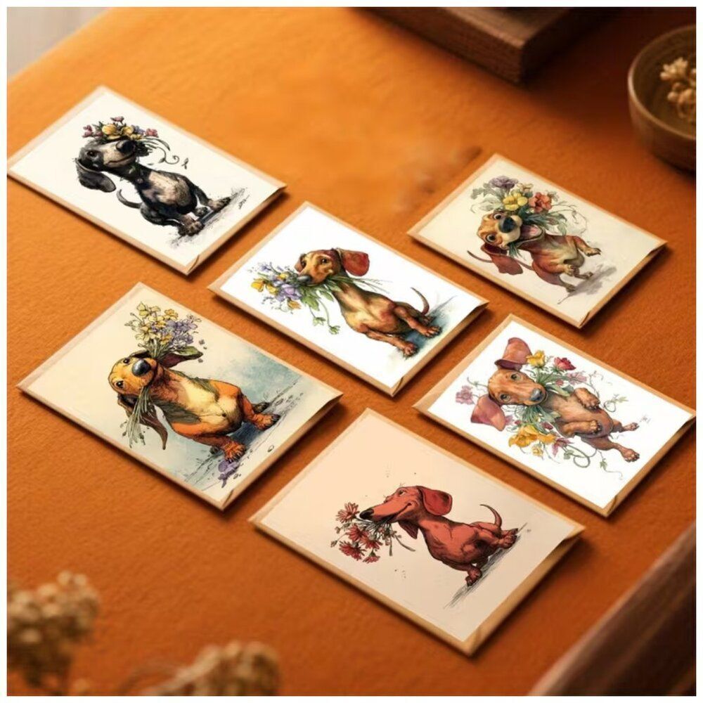 NWT Dachshund Puppy Flower Bouquet Greeting Cards Set 12 Pk 3.5x5 Envelopes Cute - Picture 4 of 8